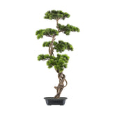 Mű fenyő bonsai fa, fekete színű műanyag cserépben.