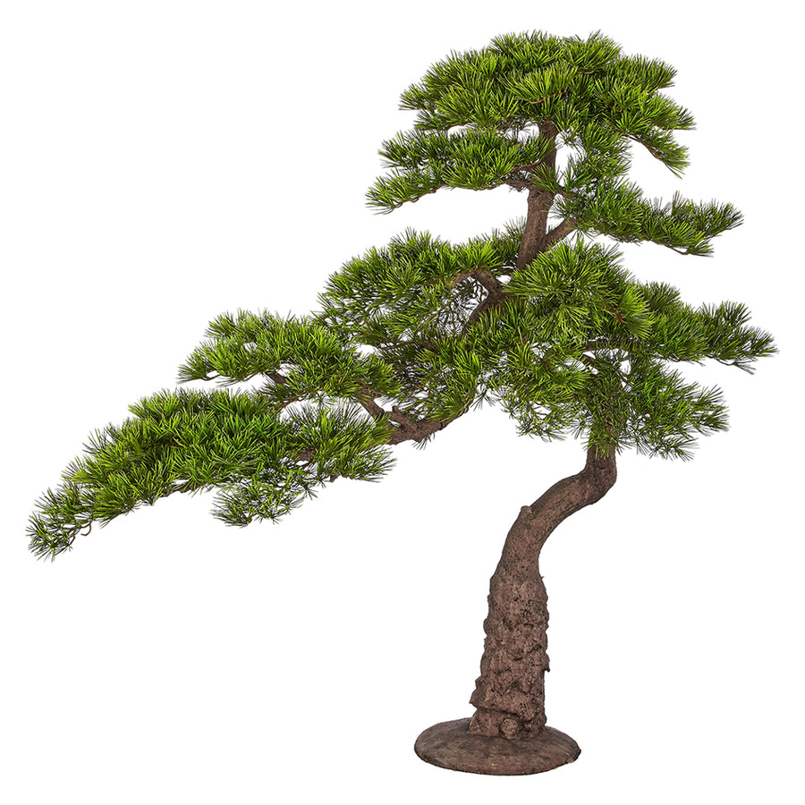 BONSAI PINUS zöld mű feketefenyő bonsai fa 130 cm dekoratív talppal, élethű japán stílusú bonsai dekoráció
