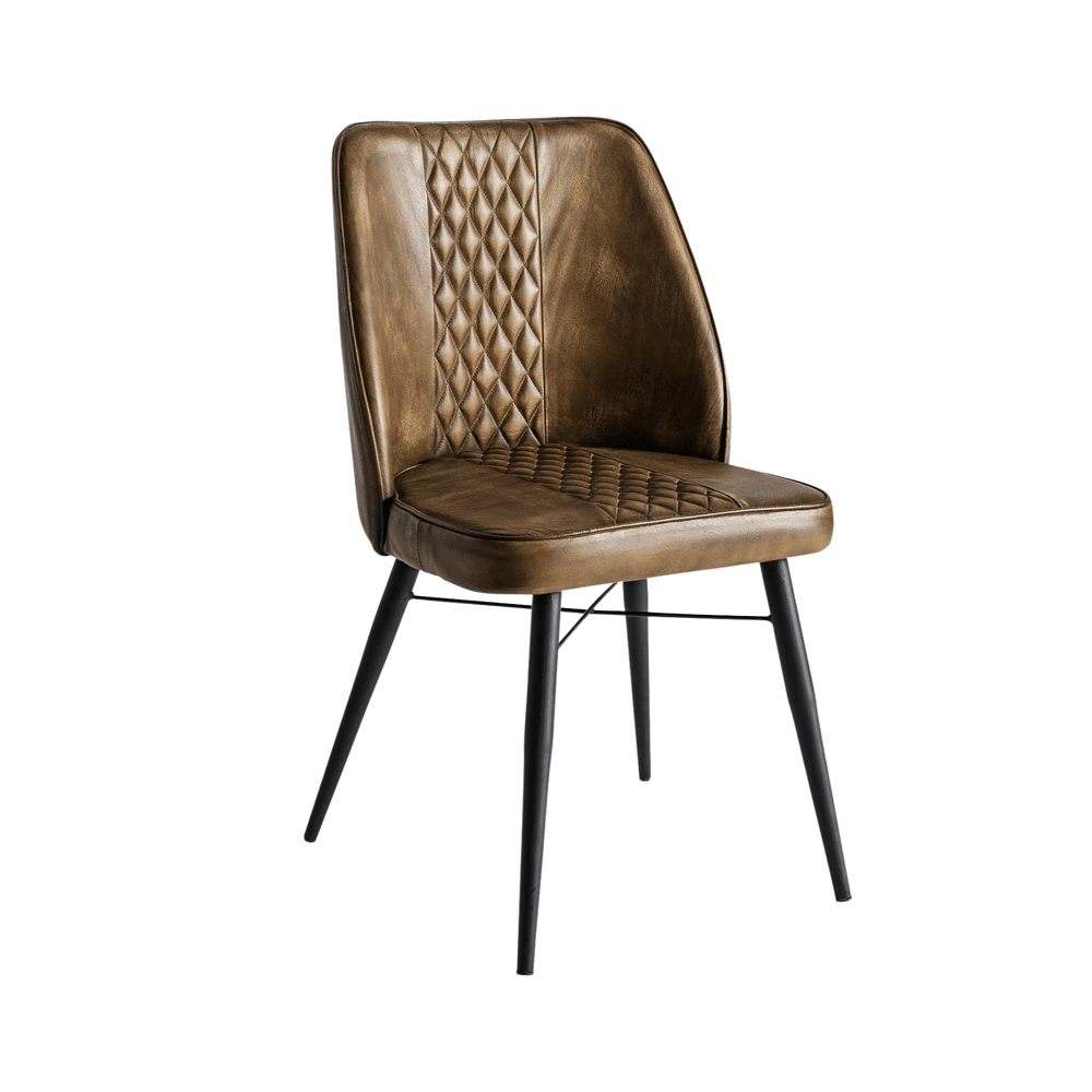 Brouse design szék karamell színű valódi bőr kárpitozással, fekete fém lábakkal, elölnézetből.