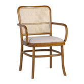Koloniál stílusú, natúr színű, teakfa étkezőszék rattan háttámlával és bézs ülőfelülettel.