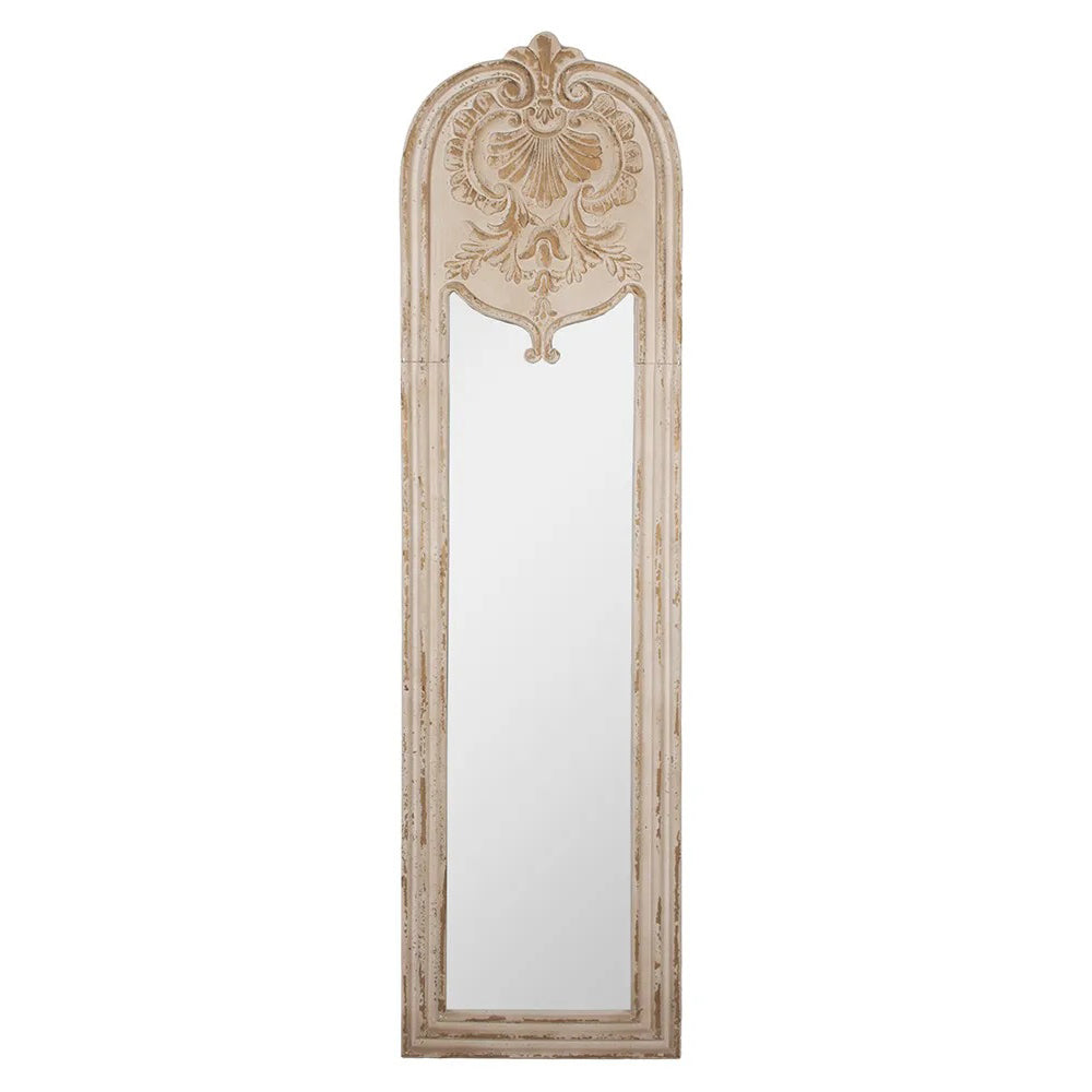 Antikolt bézs színű, magas Casa Roma falitükör shabby chic stílusban, íves felső díszítéssel.