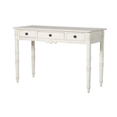 Törtfehér színű, gazdagon díszített, 3 fiókos kézműves konzolasztal.