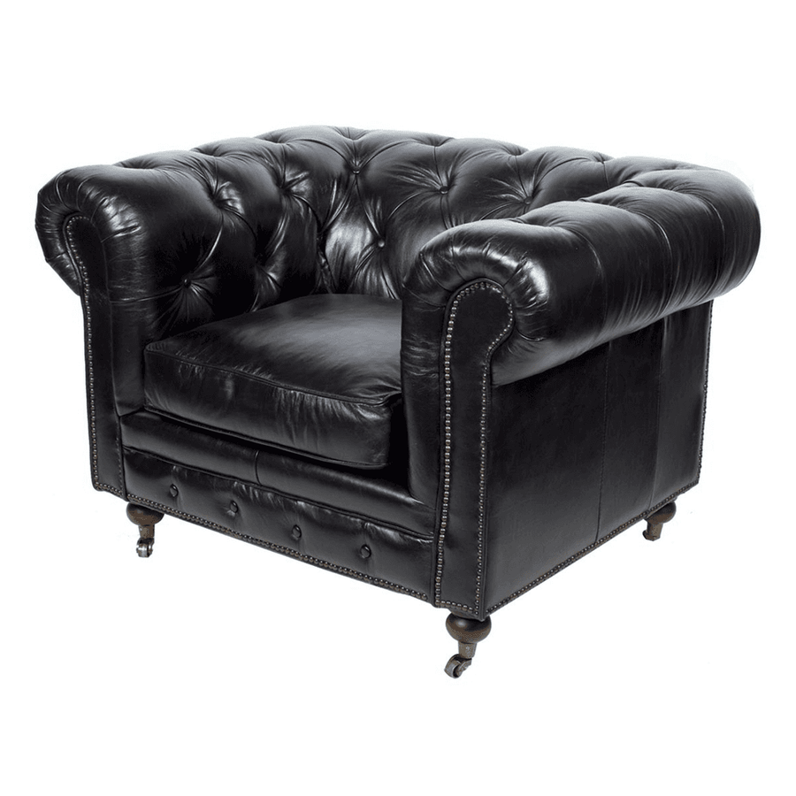Fekete bőrfotel hátsó nézetből, klasszikus Chesterfield vonalvezetéssel.