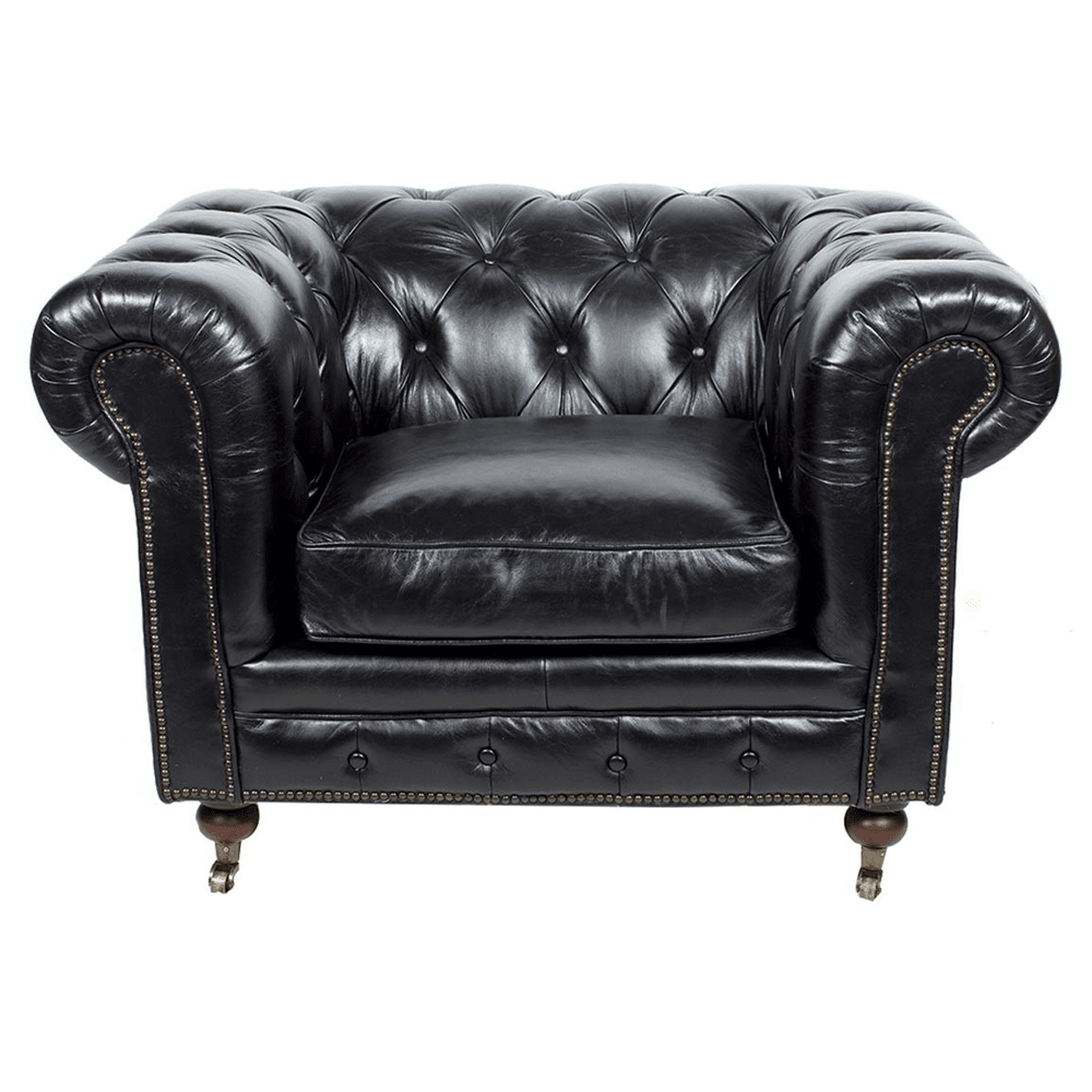 Egyszemélyes fekete Chesterfield bőrfotel elölnézetből, mélygombozott háttámlával.