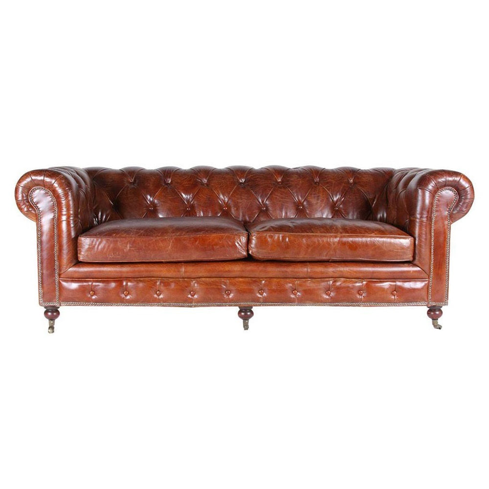 CHESTERFIELD CIGAR 3 személyes vintage bőrkanapé elölnézeti fotó, dohányszínű marhabőrrel és mélygombos háttámlával