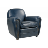 Kék színű valódi marhabőrrel kárpitozott klubfotel.