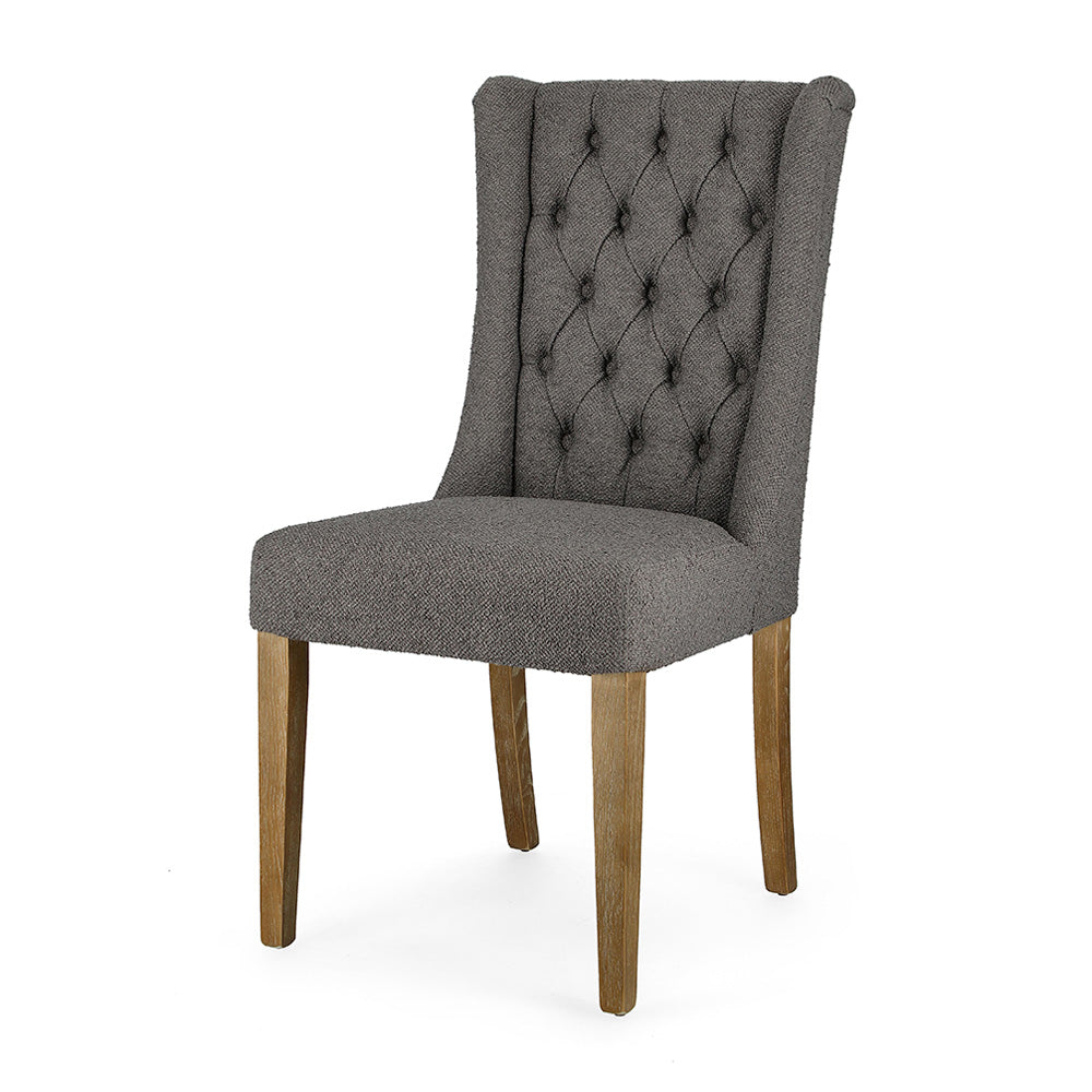 Szürke színű szövettel kárpitozott tölgyfa étkezőszék. Szürke színű szövettel kárpitozott tölgyfa étkezőszék.