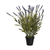 Fekete színű műanyag cserépbe helyezett, mű levendula bokor.