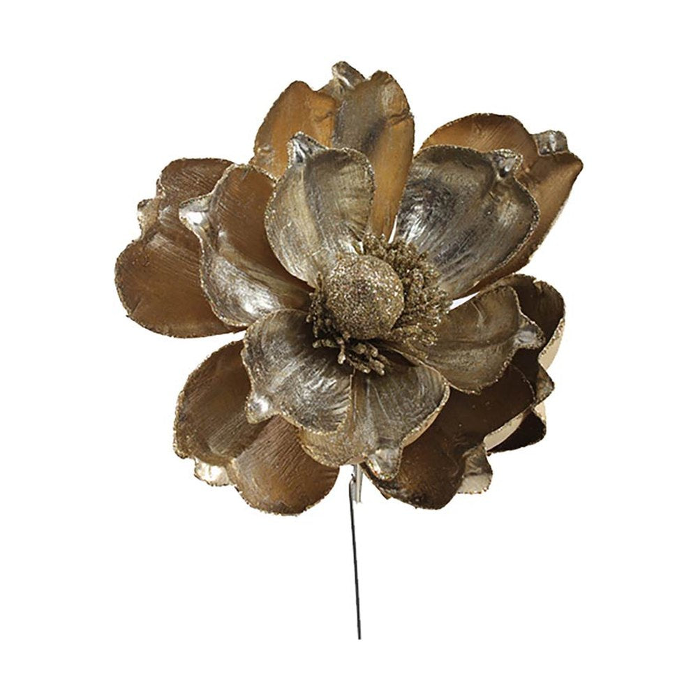 Csipeszes kialalkítású, magnólia virág formájú karácsonyfadísz.