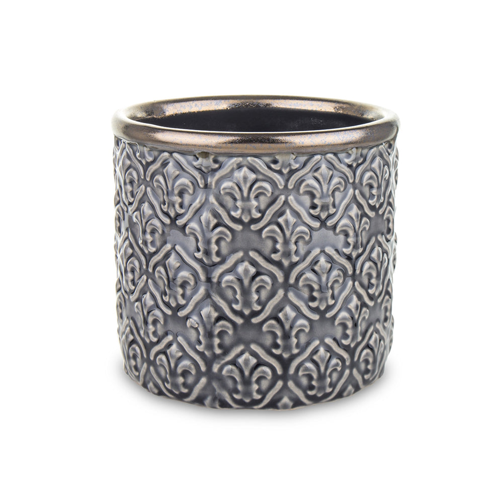 Szürke, dombormintás kerámia kaspó antikolt arany peremmel – elölnézeti kép