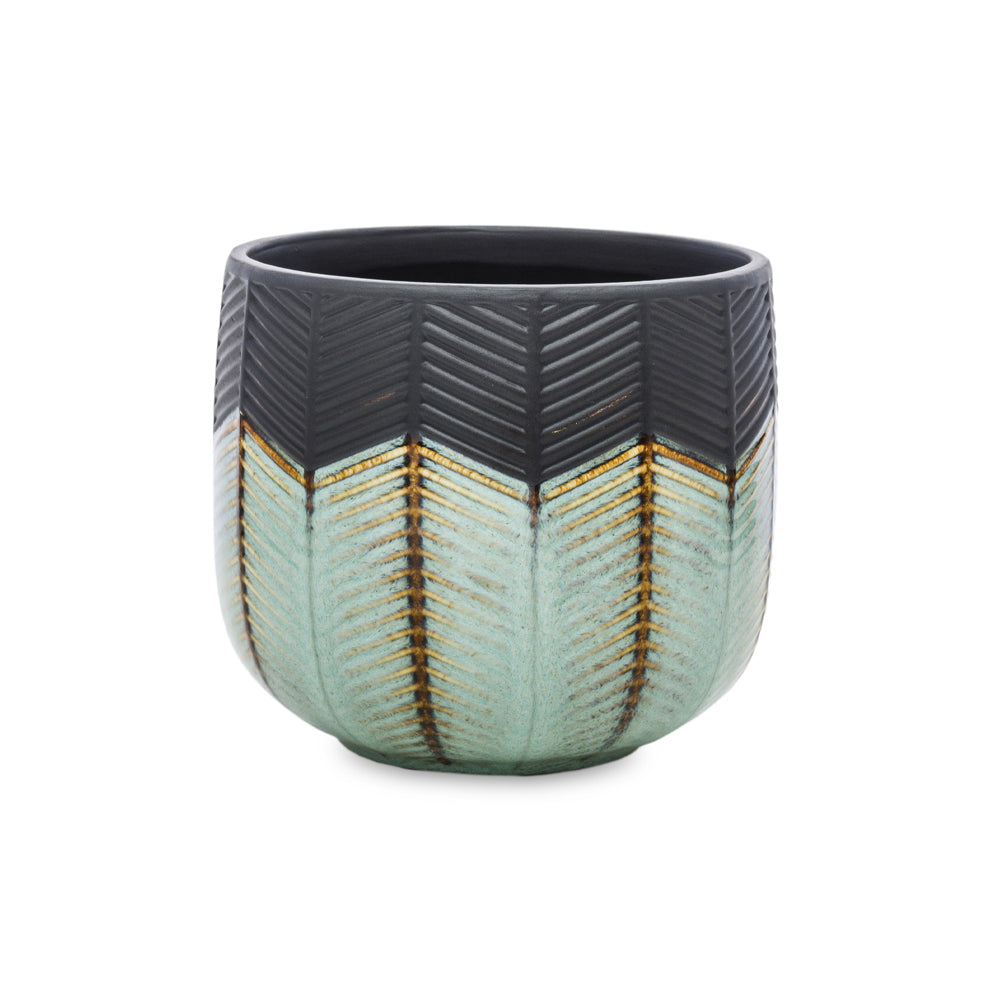 Modern fekete és türkiz kerámia kaspó aranyszínű díszítéssel, Dalia kollekció