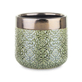 Zöld, dombormintás kerámia kaspó bronzos peremmel – elölnézeti kép