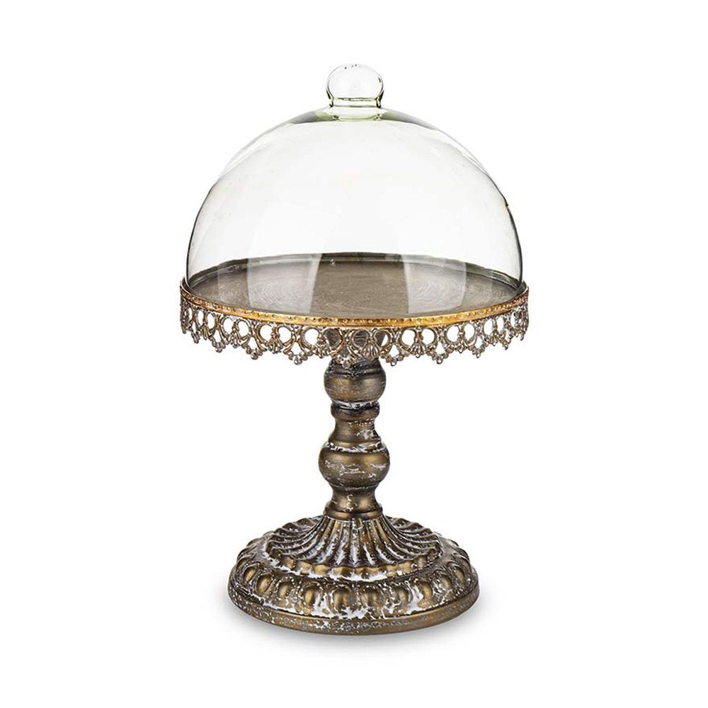 Óarany színű fémből készült, díszes kialakítású süteményes állvány üvegbúrával.