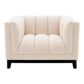 Krémszínű buklé szövettel kárpitozott, prémium minőségű, formatervezett design fotel.