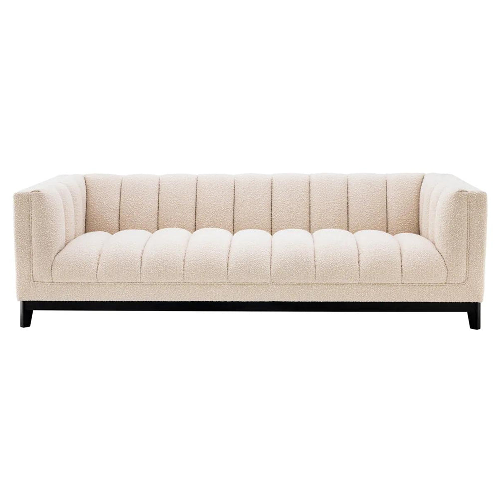 Krémszínű buklé szövettel kárpitozott, prémium minőségű, formatervezett design kanapé,