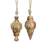 DOST 2 db-os natúr mangófa karácsonyfadísz szett, kézzel faragott fa díszek juta akasztóval, 10 cm-es méretben.