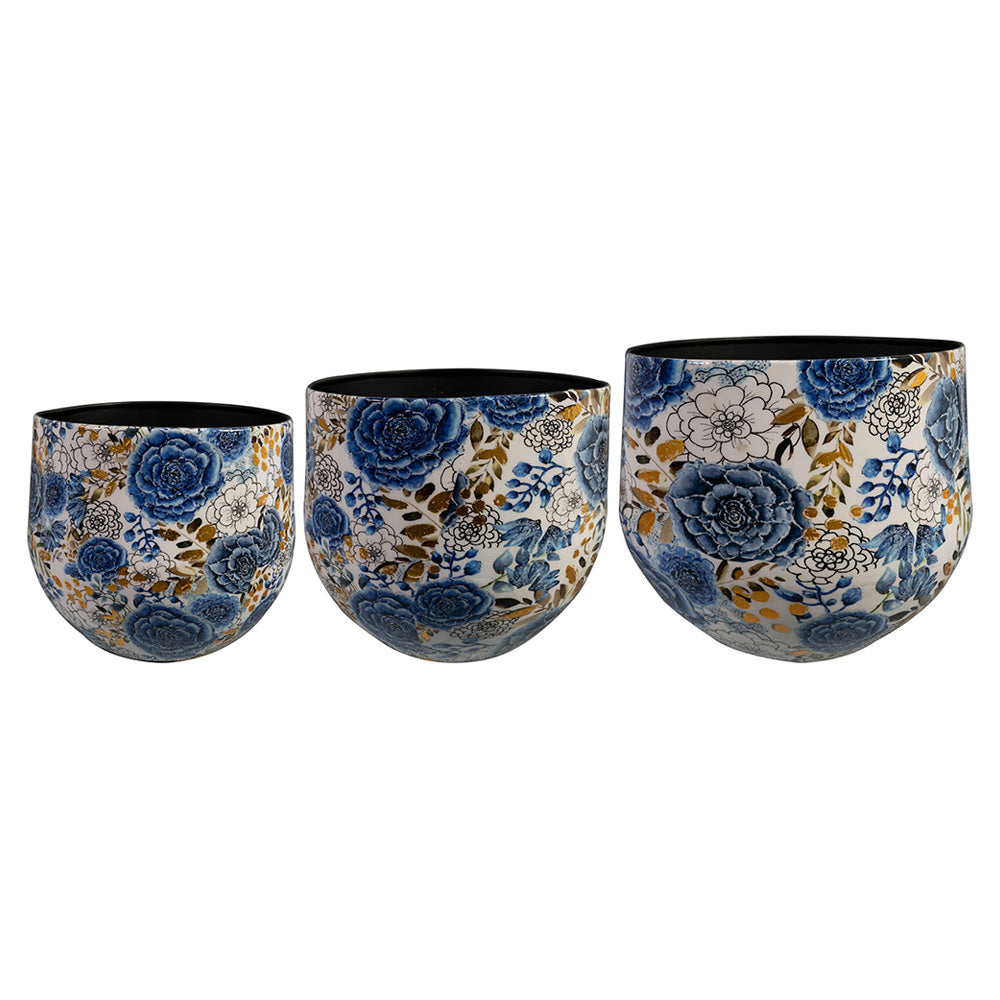 3 darabos, kék színű, fém design kaspó szett.