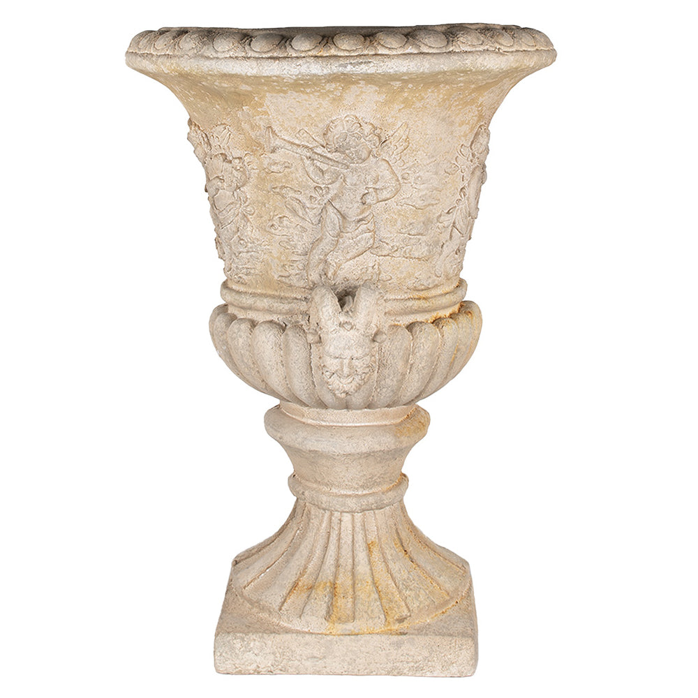 Antik hatású, félköríves kialakítású, angyaldíszítéses bézs fali kaspó elölről, klasszikus talpas lábazattal