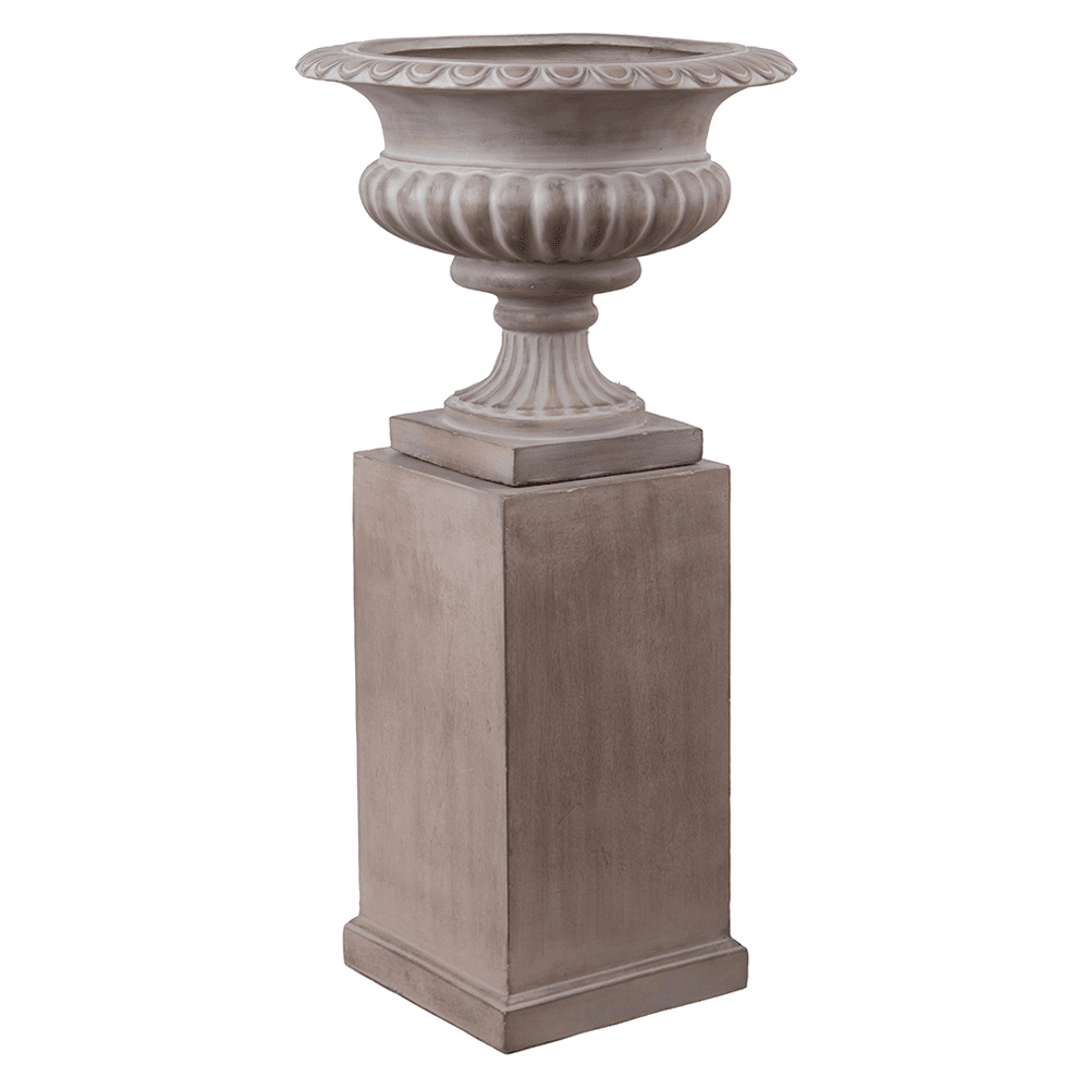 Antik homokszínű óriás kaspó tál posztamensen, teljes magasság 108 cm