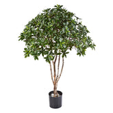 120 cm magas, zöld lombú japán kecskerágó műfa valódi fa törzzsel és fekete kaspóval.