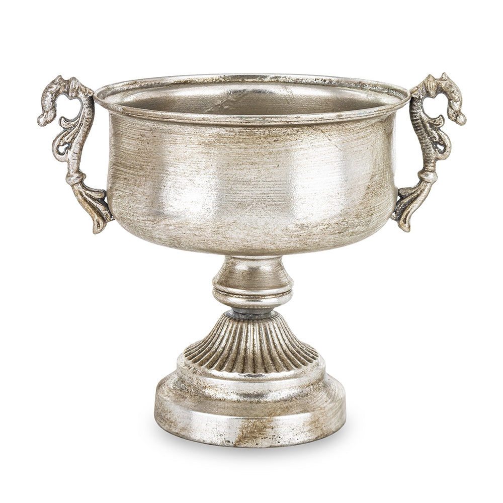 Dekoratív kialakítású, patinás felületű, ezüstszínű, fém díszkaspó.