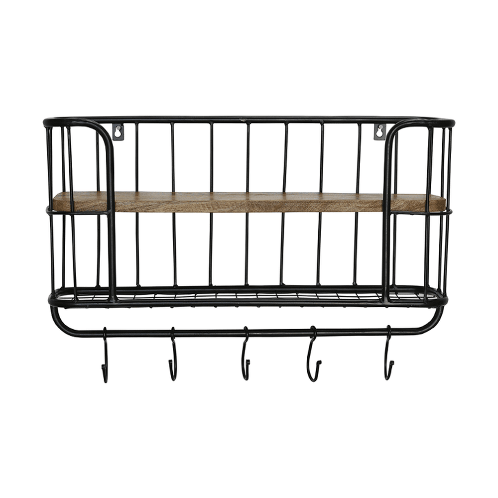 Fektet, fém fogasokkal felszerelt konyhai fali polc.