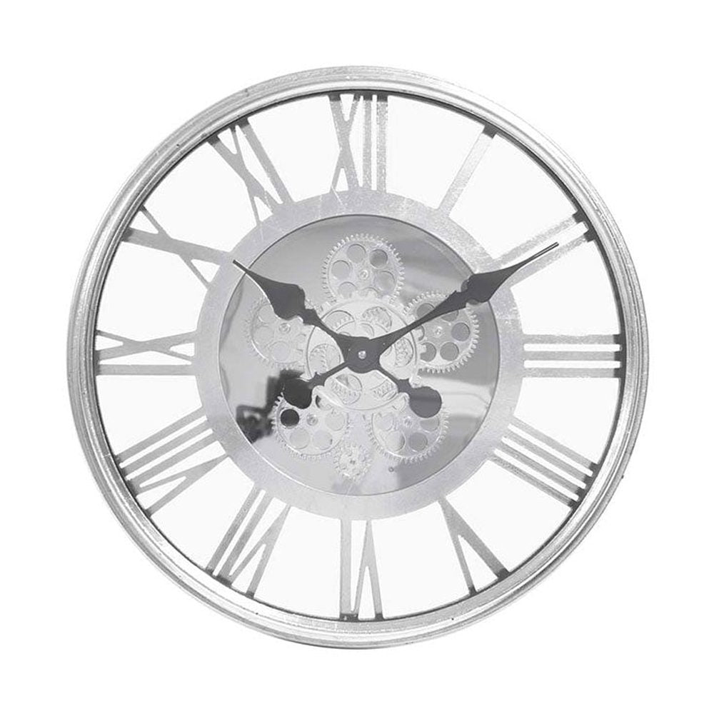 Fémből készült ezüstszínű falióra..