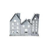 Szürke színű, bádogból készült házikókat formázó lámpás.