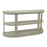 Tömör fenyőfából készült, mosott szürke színű, polcos konzolasztal.