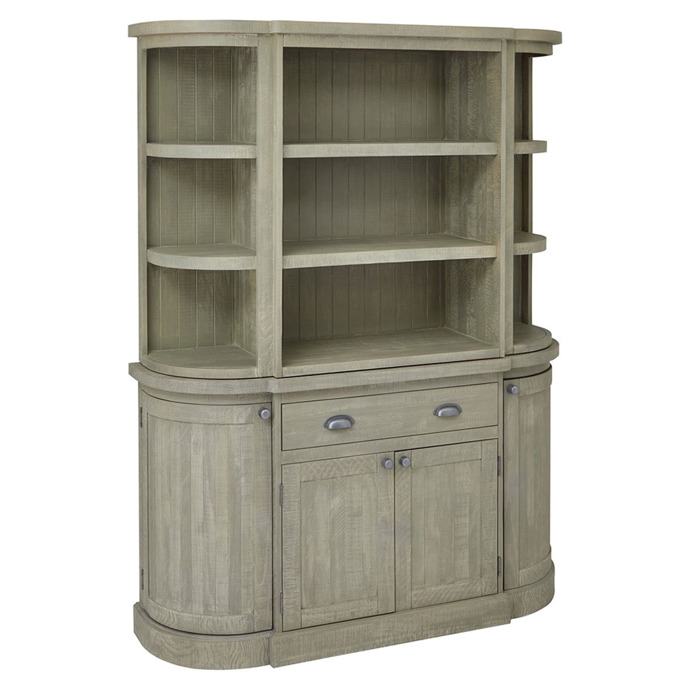 Tömör fenyőfából készült, mosott szürke színű, pácolt tálalószekrény.