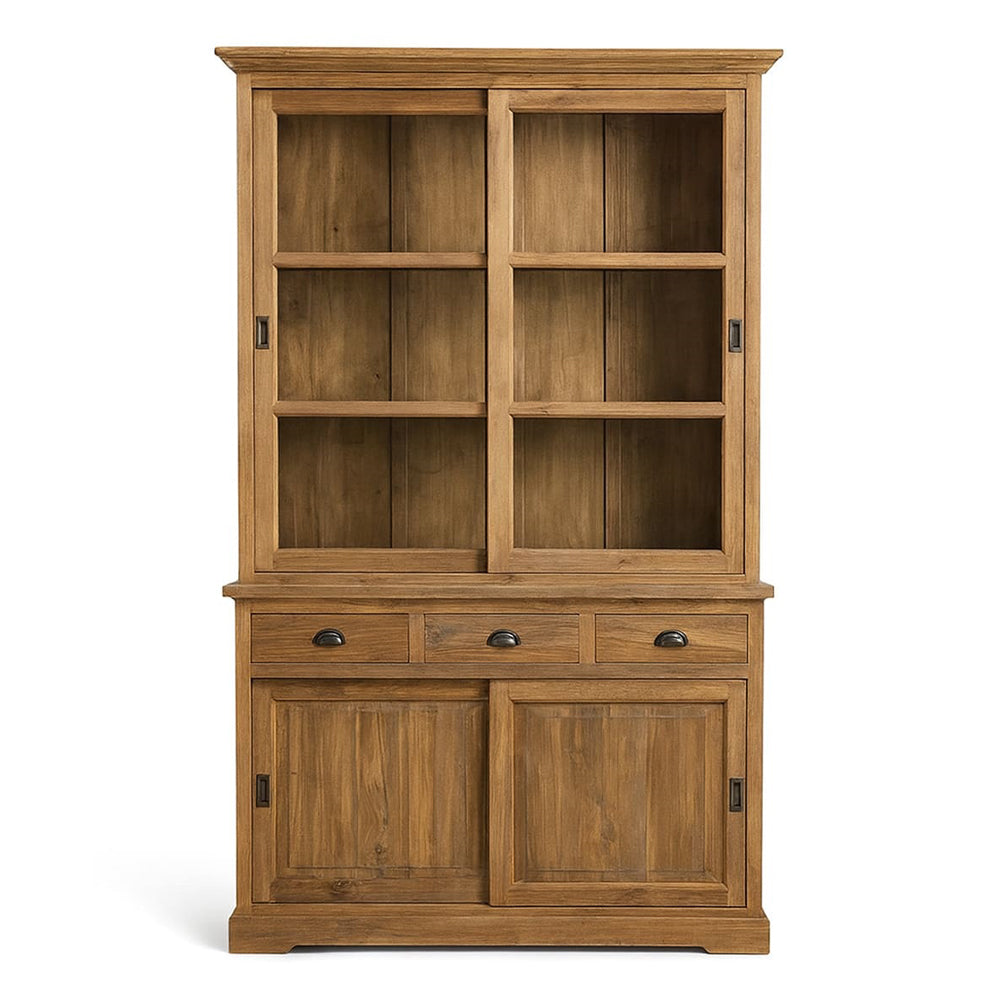 FEROE teakfa vitrines szekrény elölnézetből, üveges és fiókos kialakítással