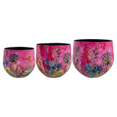 3 darabos, fukszia színű, fém design kaspó szett.