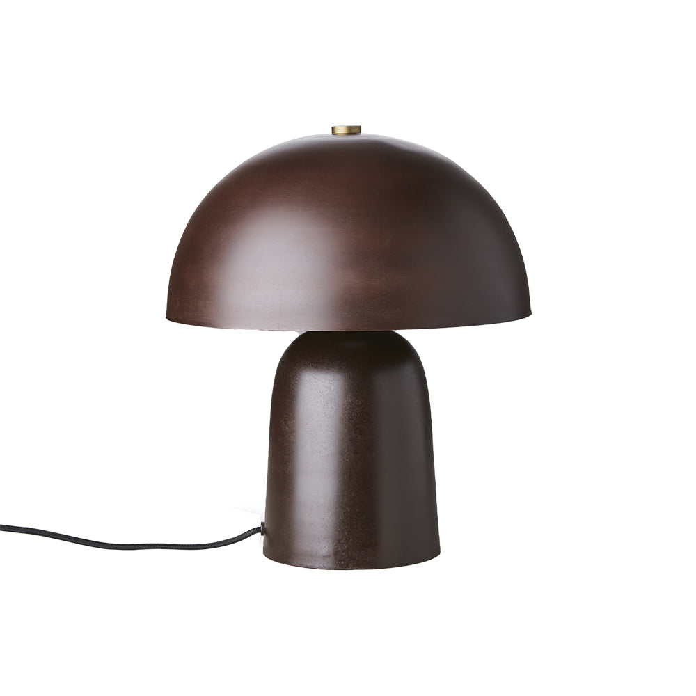 Barna színű, gomba formájú, fém design asztali lámpa.