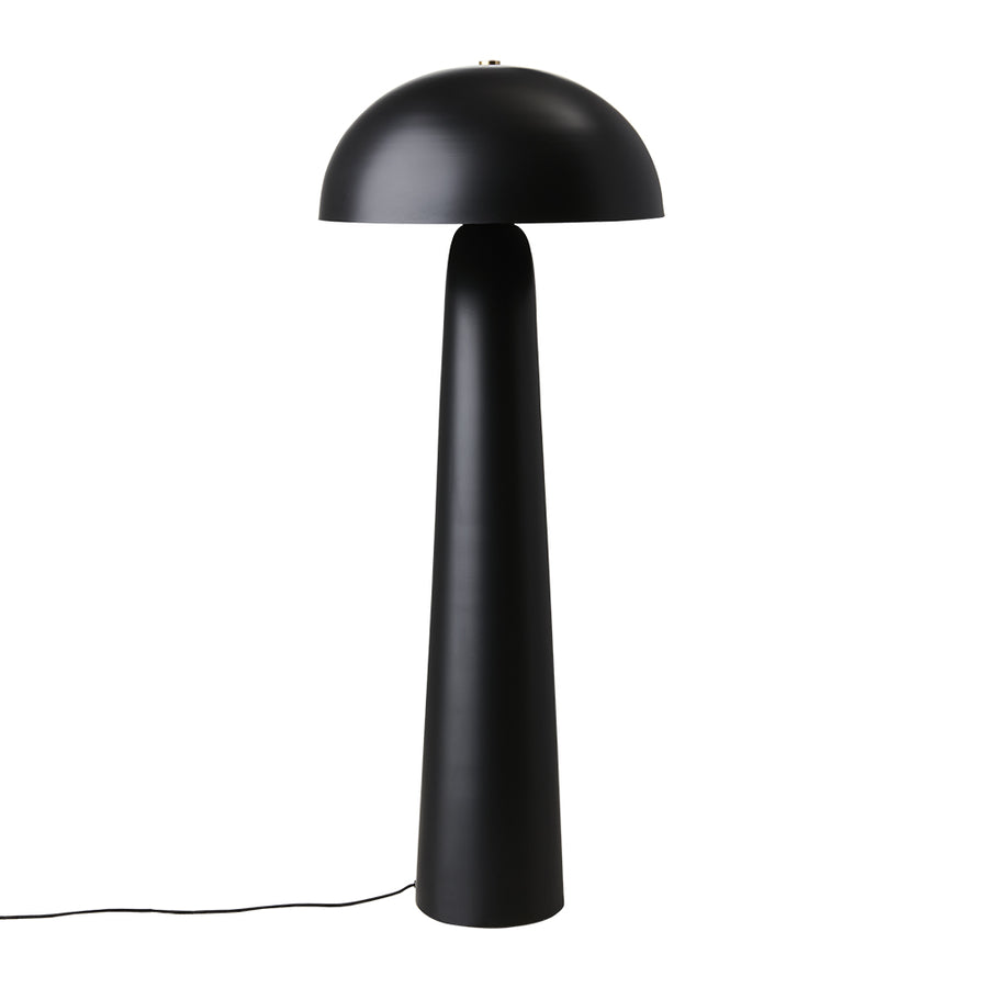 Fekete színű, gomba formájú, fém design állólámpa.