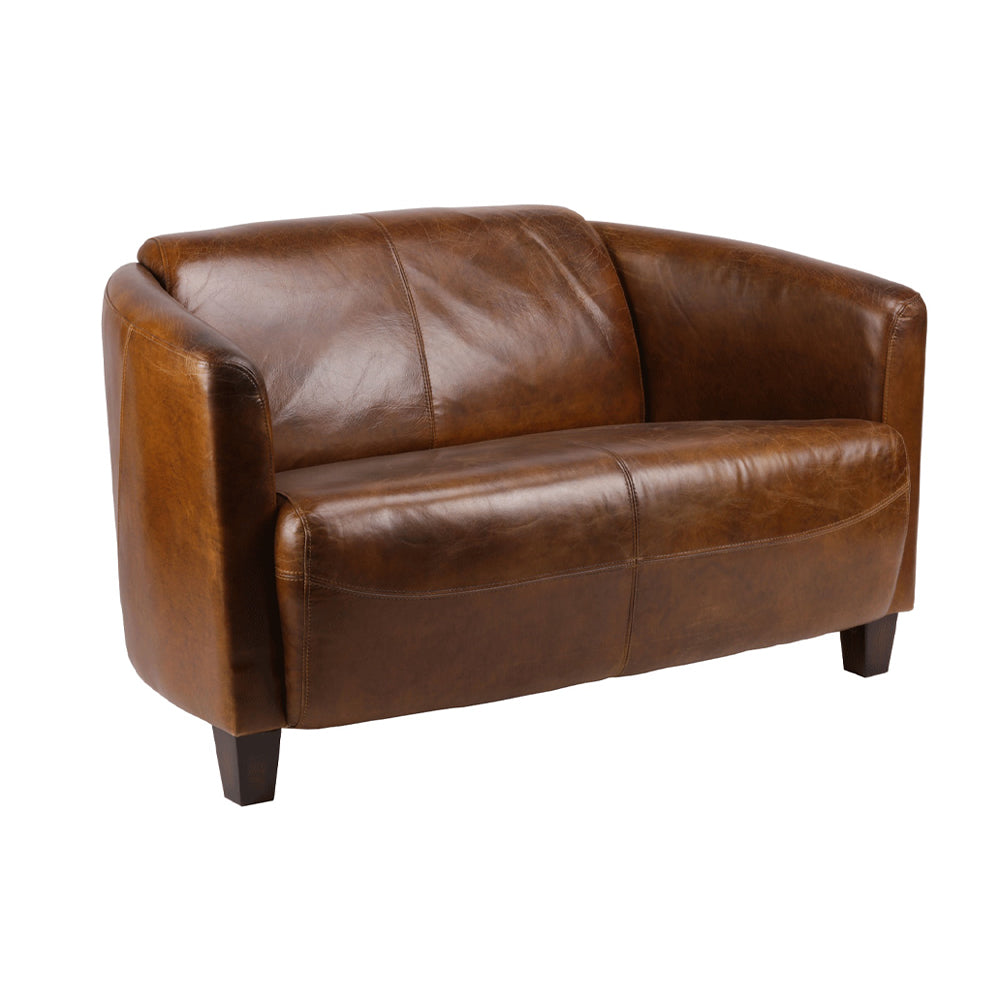 Két személyes vintage-retró bőrkanapé előlnézetből, antikolt dohánybarna marhabőr kárpittal