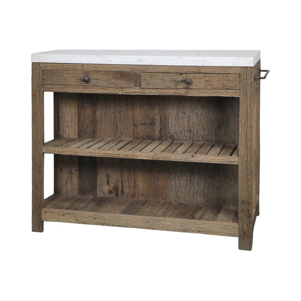 Grimaud márvány fedlapos szervírozóasztal újrahasznosított teakfából, vidéki stílusban, Chic Antique.