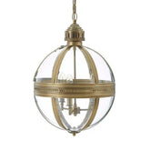 Íves térbeli üvegezéssel burkolt, fém szerkezetű, rézszínű, elegáns gömb függeszték lámpa, klasszikus csillár betéttel.