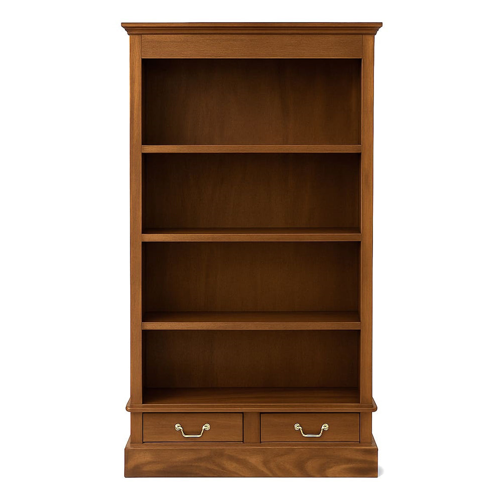 HARVARD mahagónifa könyvszekrény elölnézetből, négy polccal és két fiókkal