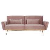 Púderpinkszínű bársonnyal kárpitozott, dönthető háttámlájú, ággyá alakítható 3 személyes kanapé.