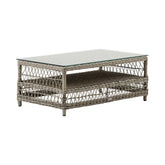 Üveglappal fedett, antikszürke színű, műrattan kerti dohányzóasztal.