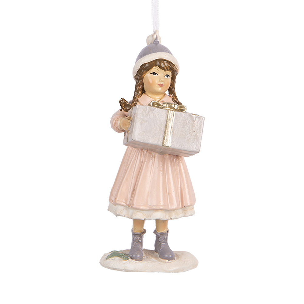 Heritage kollekció pink téli kislány karácsonyfadísz 11 cm, könyvet tartó figura.