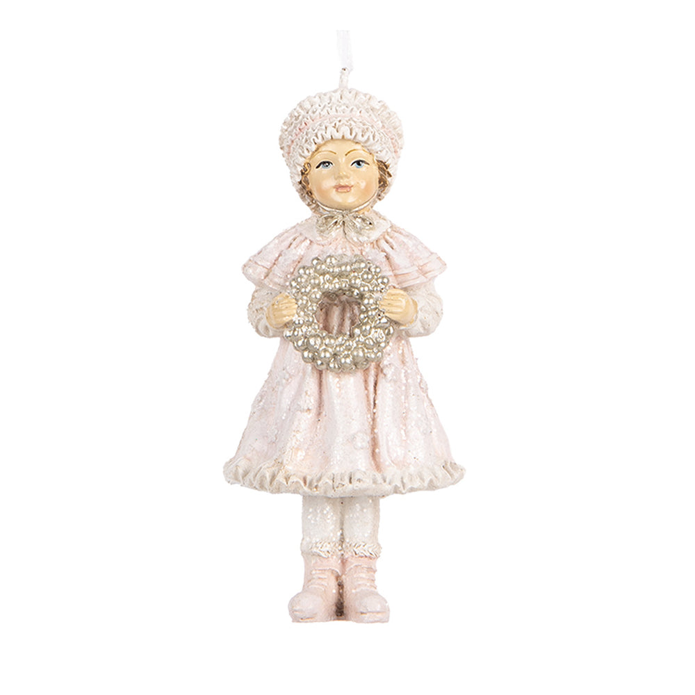 Közelkép a HERITAGE pink téli kislány karácsonyfadíszről, részletesen kidolgozott koszorúval.