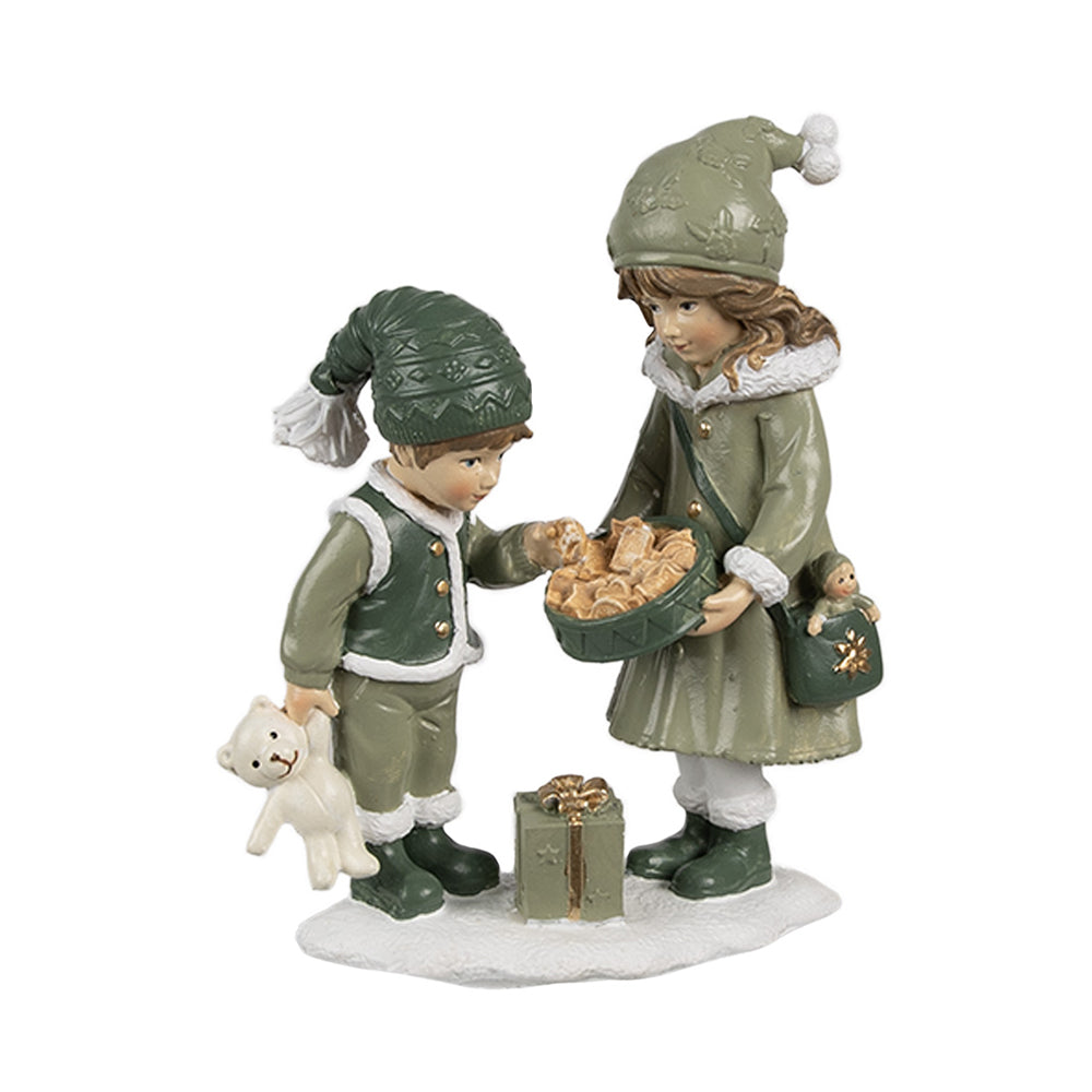 Heritage zöld karácsonyi téli kislány és kisfiú figura 13 cm fehér háttéren