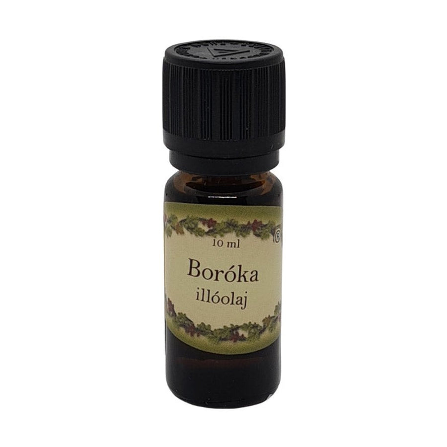Boróka illatú illóolaj 10 ml barna üvegcsében, fekete kupakkal – friss, fás, tisztító aromaterápiás olaj.