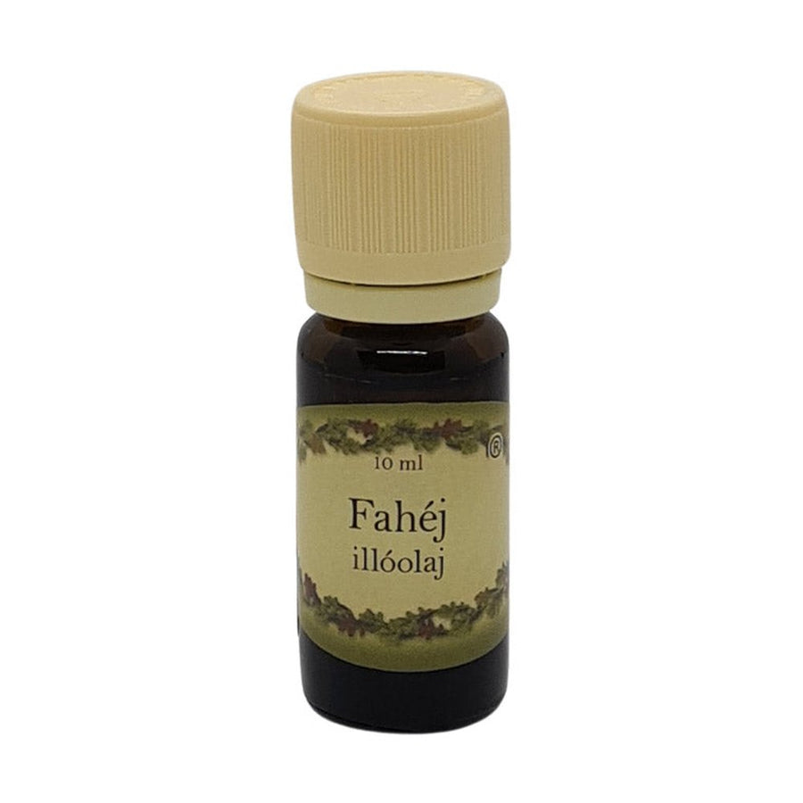 Fahéj illóolaj 10 ml-es barna üvegcsében, krémszínű kupakkal, természetes, fűszeres illattal, párologtatáshoz.