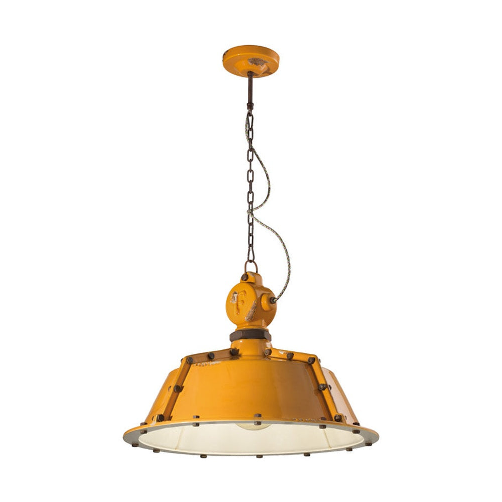 Rusztikus, ipari stílusú, sárga színű mázas kerámiából és fémből készült, textilburkolatú vezetékkel kialakított, kézműves függeszték lámpa .