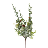JUNIPERUS zöld jeges mű borókafenyő ág 43 cm, deres hatású tűlevelekkel és apró barna tobozokkal.