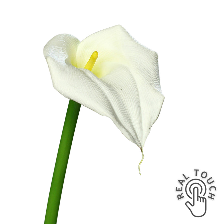 White Calla lily artificial flower with a green stem and pale yellow center