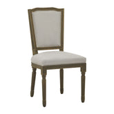 Világosszürke színű szövettel kárpitozott, koloniál stílusú kézműves étkezőszék.