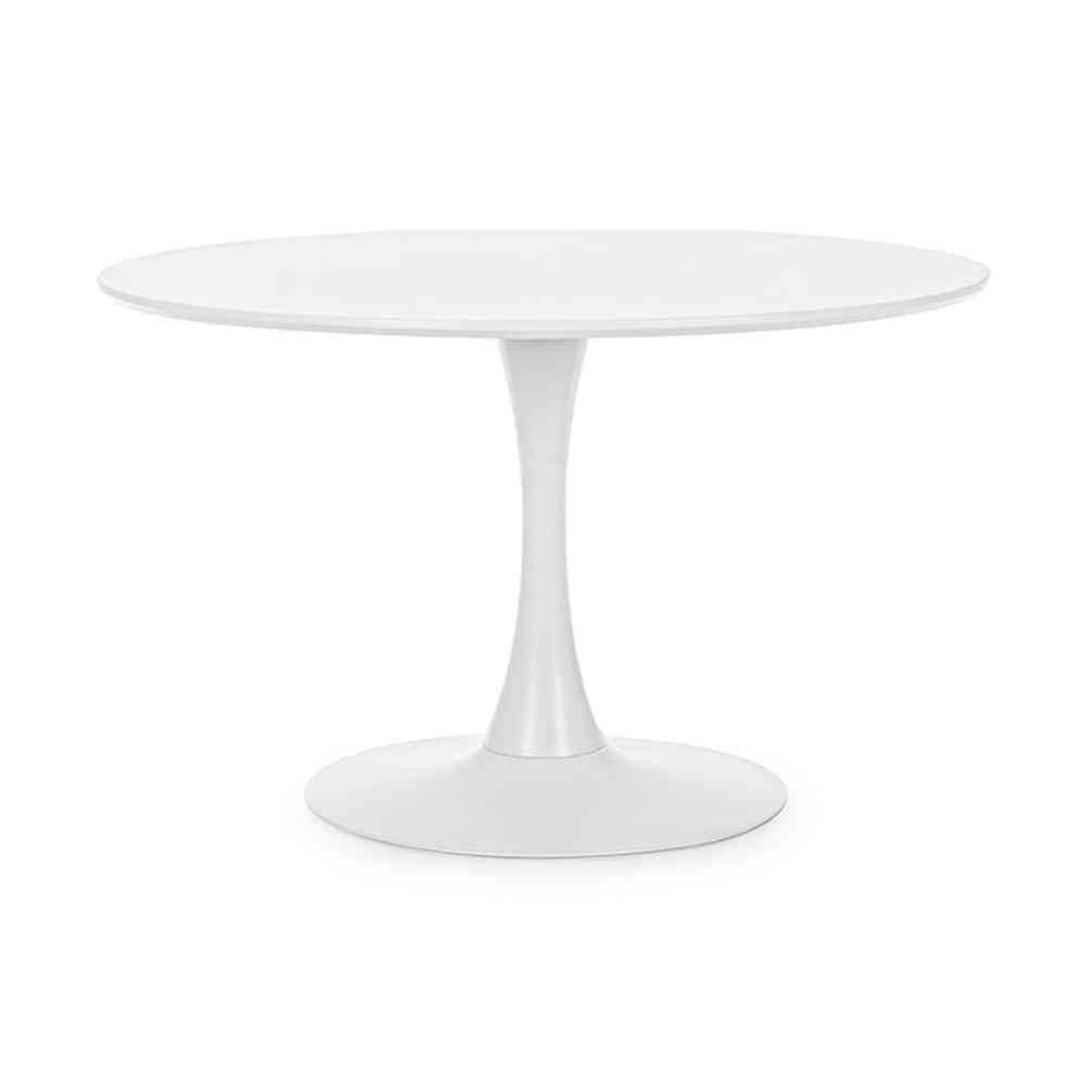 Fehér színű, kerek formájú, 6 személyes étkezőasztal.